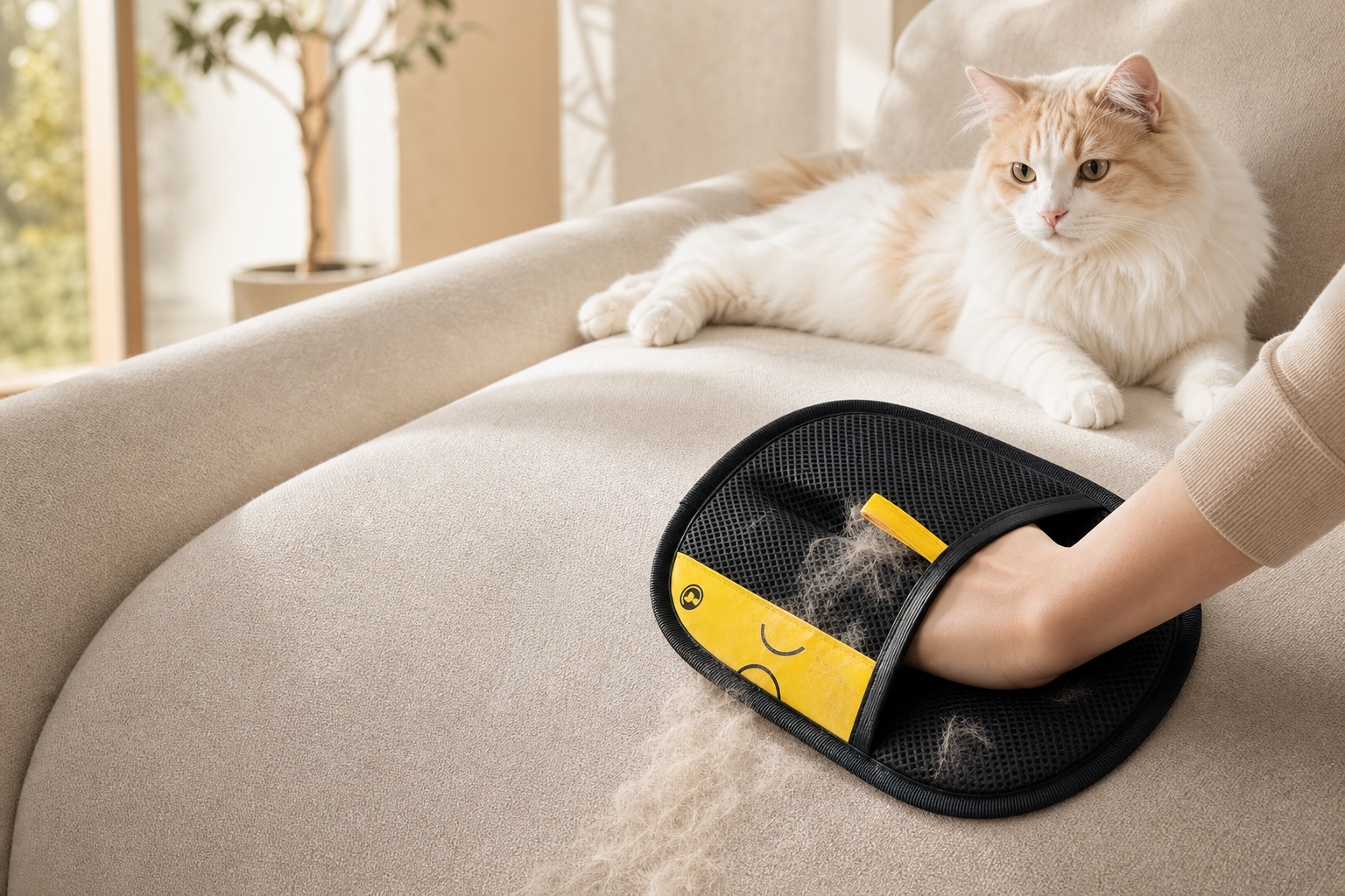 Guante electrostático retirando pelo de mascota de un sofá